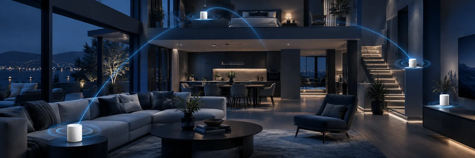 Sistema WiFi Mesh de tres nodos repartidos por una casa, con cobertura estable en todas las habitaciones